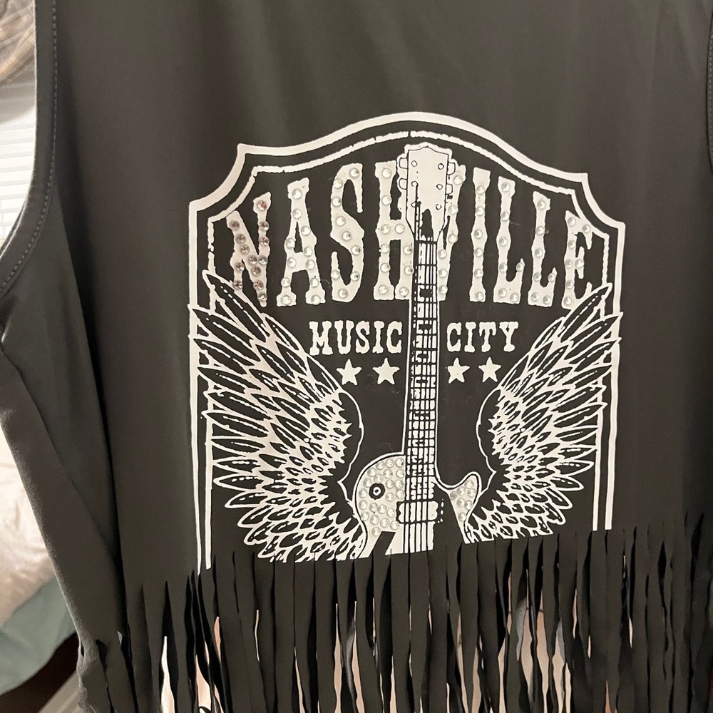 Nashville Music City Black Fringe Tee w/Bling!